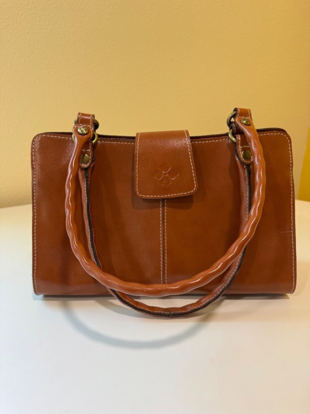 Patricia Nash Rienzo Satchel Heritage Collection In Cognac Leather With Floral L
